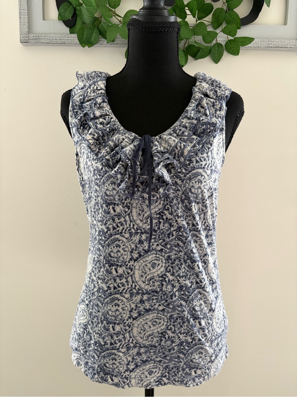 Ralph Lauren Navy and White Paisley Ruffle Tie-Neck Tank